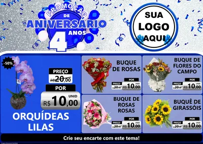 Modelo de Encarte para Encarte A4 Horizontal com o tema Promoção de Aniversário - 4 Anos para Floricultura e jardim