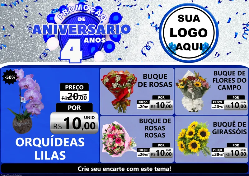 Modelo de Encarte para Encarte A4 Horizontal com o tema Promoção de Aniversário - 4 Anos para Floricultura e jardim
