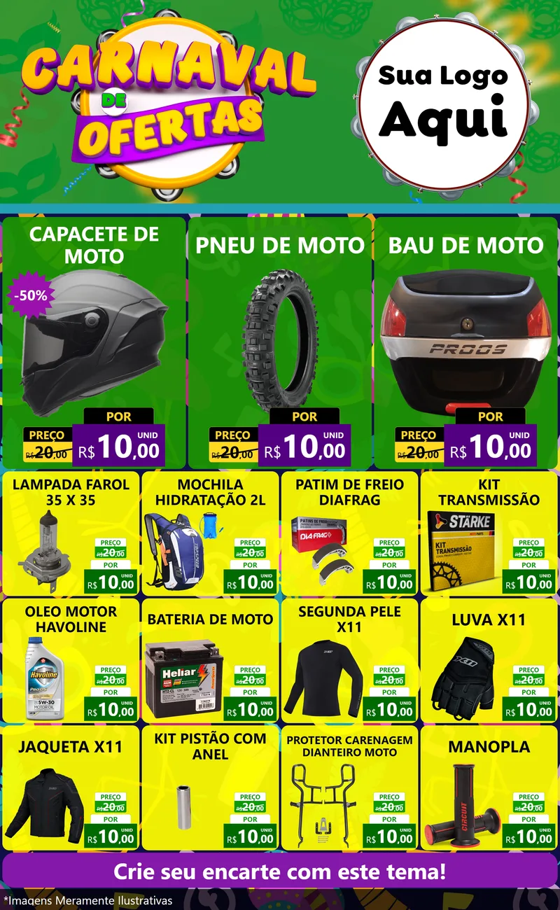 Modelo de Encarte para Encarte Grande com o tema Carnaval de Ofertas para Moto peças