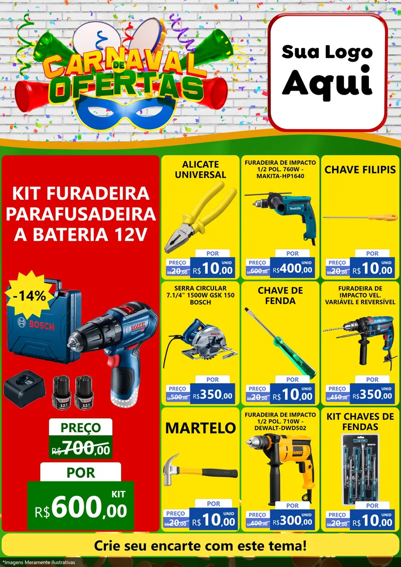 Modelo de Encarte para Encarte A4 Vertical com o tema Carnaval de Ofertas para Maquinas e Ferramentas