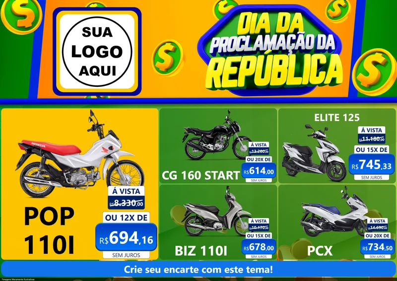 Modelo de Encarte para Encarte A4 Horizontal com o tema Dia Da Proclamação da República para Concessionaria de Motos