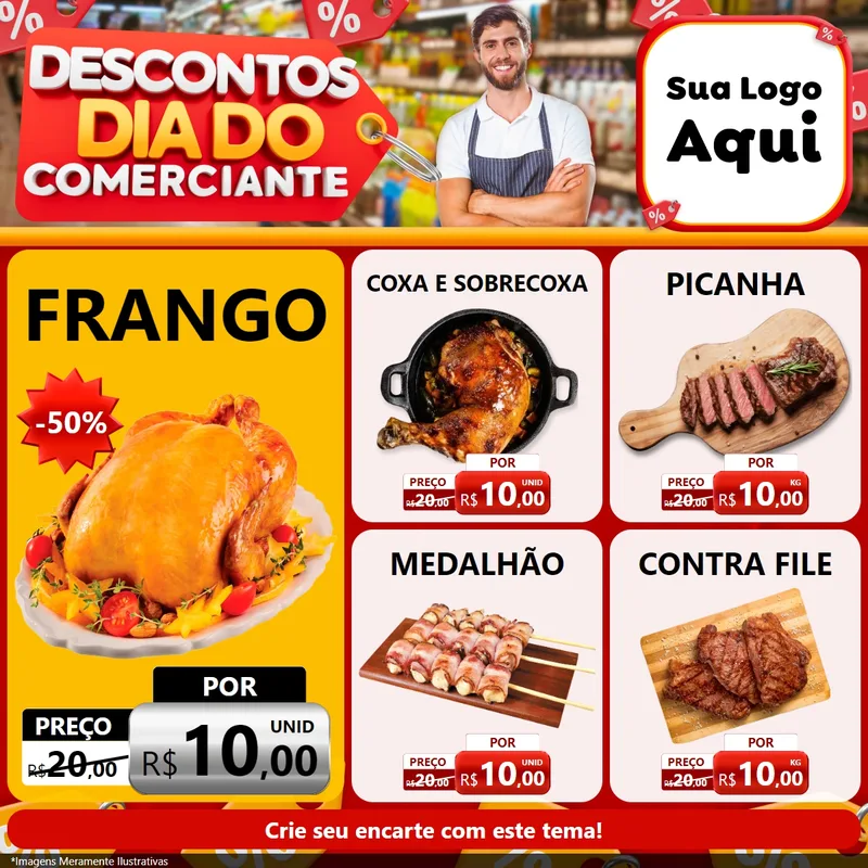 Modelo de Rede Social para Feed Facebook com o tema Descontos Dia do Comerciante para Assados