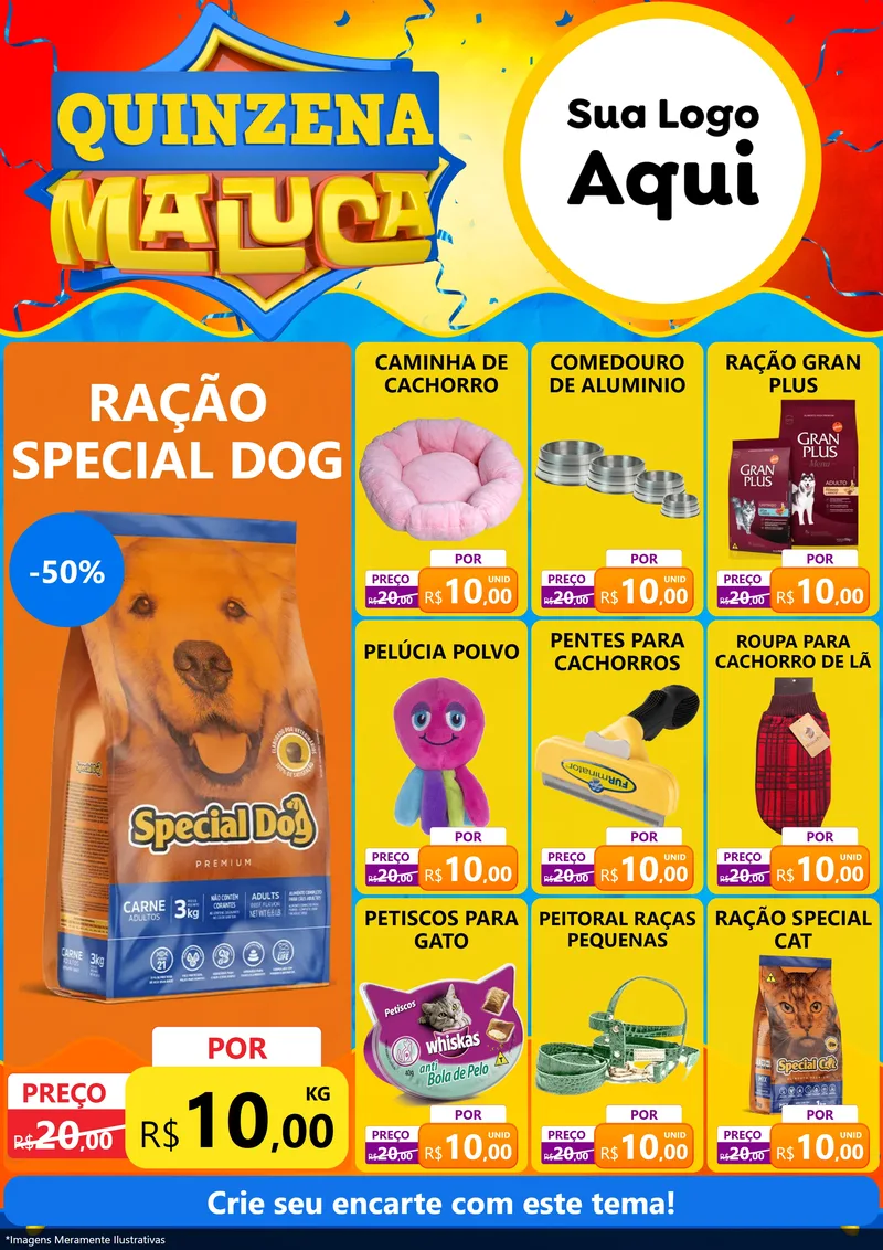 Modelo de Encarte para Encarte A4 Vertical com o tema Quinzena Maluca para Pet Shop