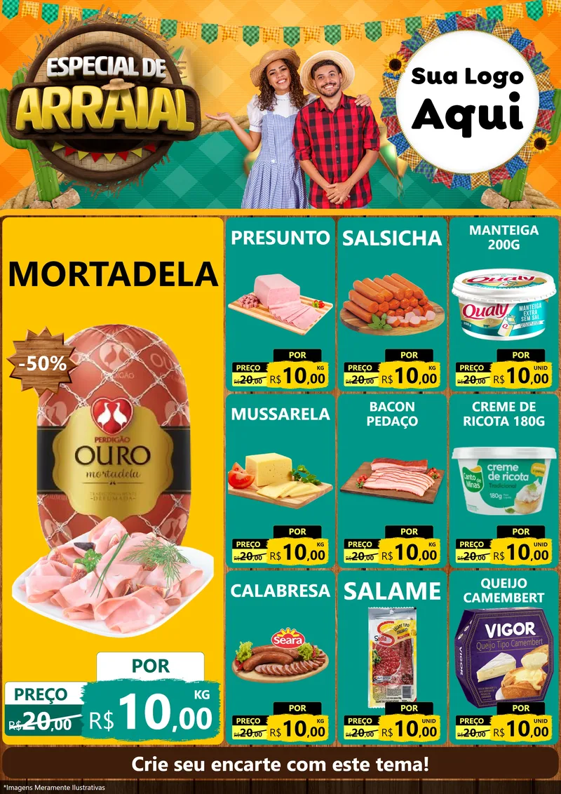 Modelo de Encarte para Encarte A4 Vertical com o tema Especial De Arraial para Frios e Laticínios