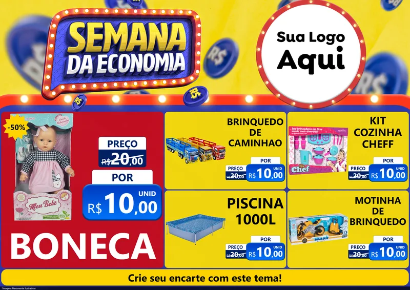 Modelo de Encarte para Encarte A4 Horizontal com o tema Semana da Economia para Brinquedos