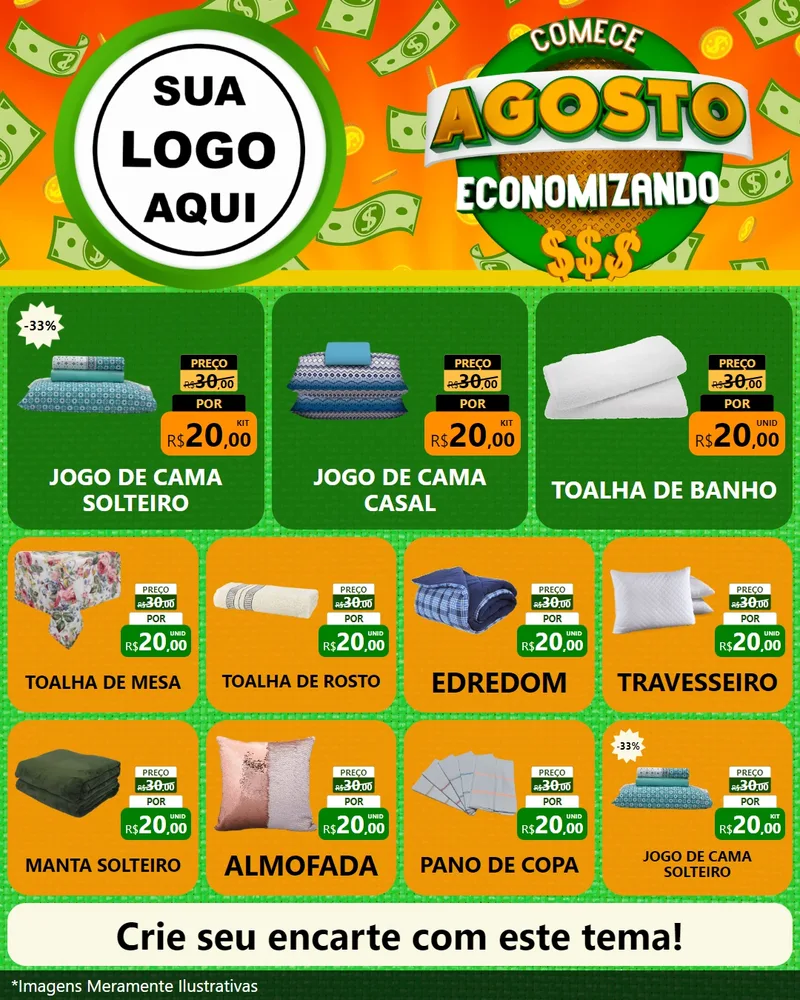 Modelo de Rede Social para Feed Instagram com o tema Comece Agosto Economizando para Cama, Mesa e Banho