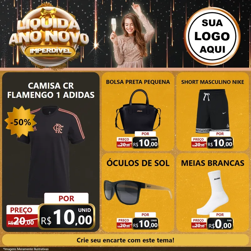 Modelo de Rede Social para Feed Facebook com o tema Liquida Ano Novo Imperdível para Roupas e acessórios