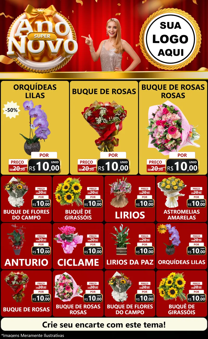 Modelo de Encarte para Encarte Grande com o tema Super Ano Novo para Floricultura e jardim