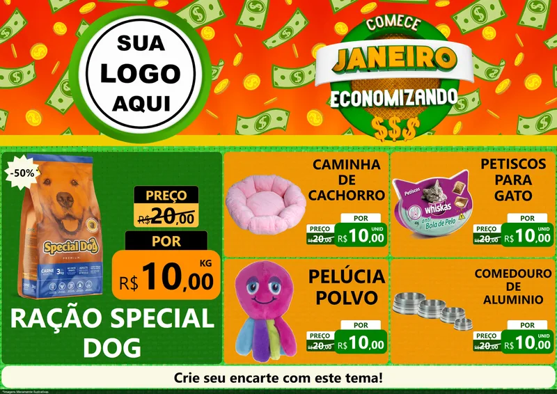 Modelo de Encarte para Encarte A4 Horizontal com o tema Comece Janeiro Economizando para Pet Shop