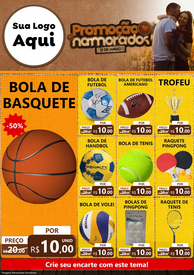 Modelo de Encarte para Encarte A4 Vertical com o tema Promoção Namorados para Artigos Esportivos
