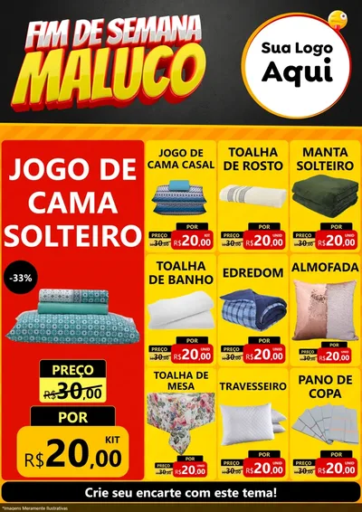 Modelo de Encarte para Encarte A4 Vertical com o tema Final de Semana Maluco para Cama, Mesa e Banho