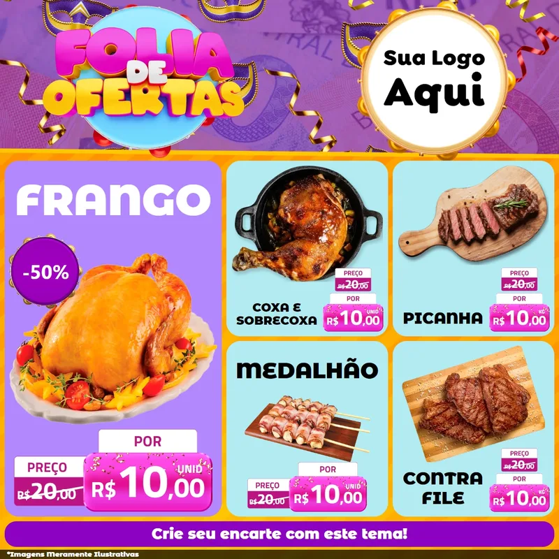 Modelo de Rede Social para Feed Facebook com o tema Folia de Ofertas para Assados