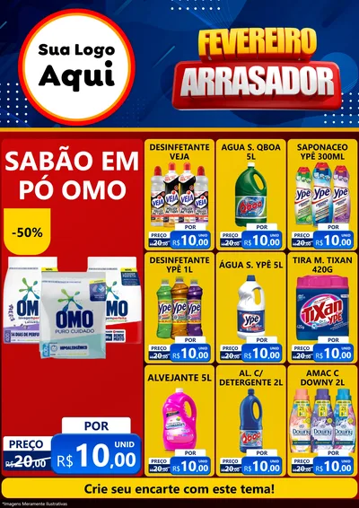 Modelo de Encarte para Encarte A4 Vertical com o tema Fevereiro Arrasador para Produtos de Limpeza