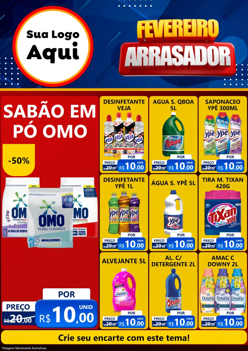 Modelo de Encarte para Encarte A4 Vertical com o tema Fevereiro Arrasador para Produtos de Limpeza