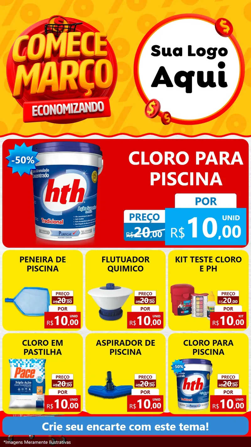 Modelo de Rede Social para Stories com o tema Comece Março Economizando para Produtos para Piscina