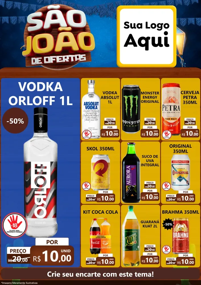 Modelo de Encarte para Encarte A4 Vertical com o tema São João Ofertas Imbatíveis! - Junina para Distribuidora de bebidas