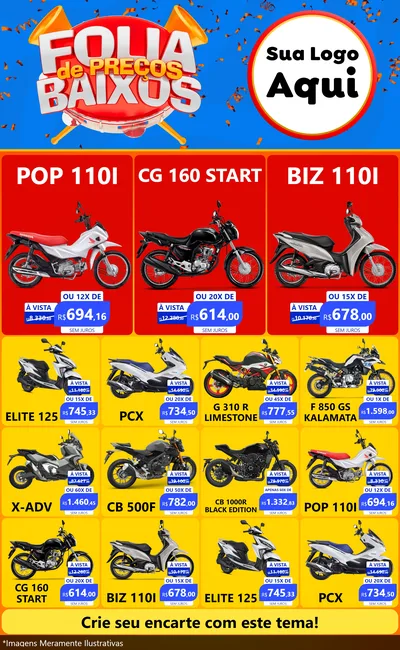 Modelo de Encarte para Encarte Grande com o tema Folia de Preços Baixos para Concessionaria de Motos