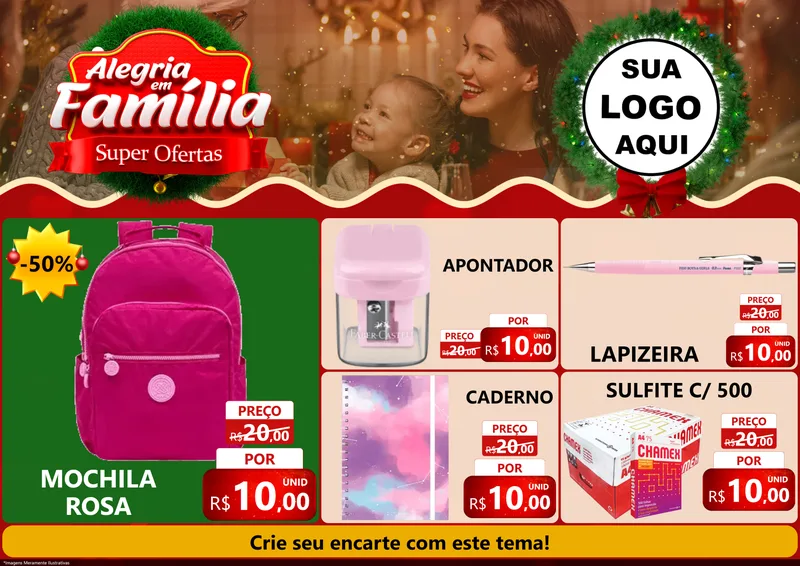 Modelo de Encarte para Encarte A4 Horizontal com o tema Alegria Em Família - Super Ofertas para Papelaria