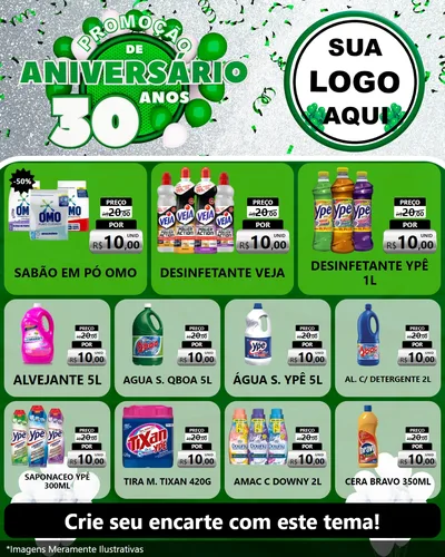 Modelo de Rede Social para Feed Instagram com o tema Promoção de Aniversário - 30 Anos para Produtos de Limpeza