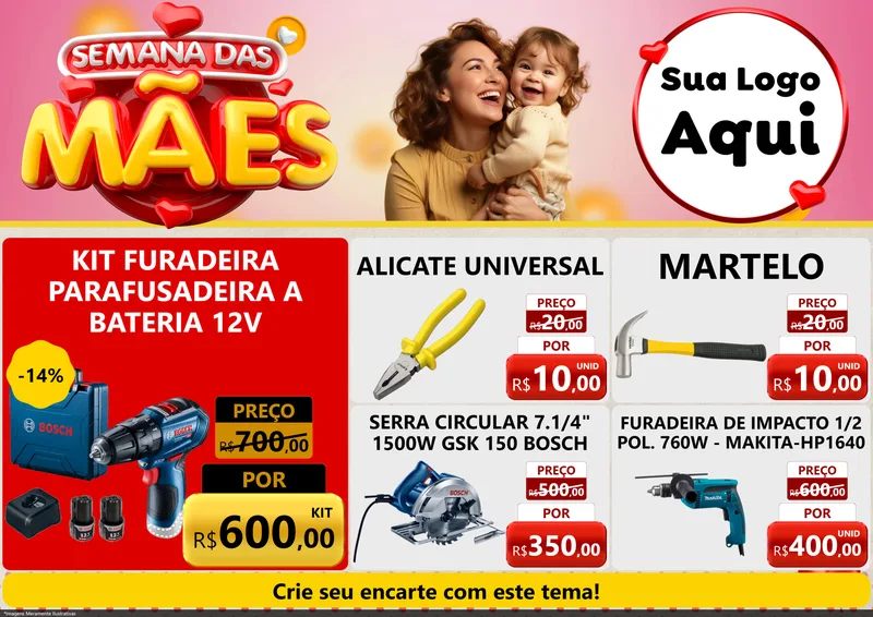 Modelo de Encarte para Encarte A4 Horizontal com o tema Semana das Mães para Maquinas e Ferramentas