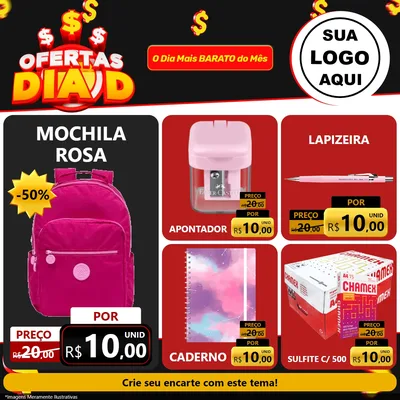 Modelo de Rede Social para Feed Facebook com o tema Ofertas Dia D para Papelaria