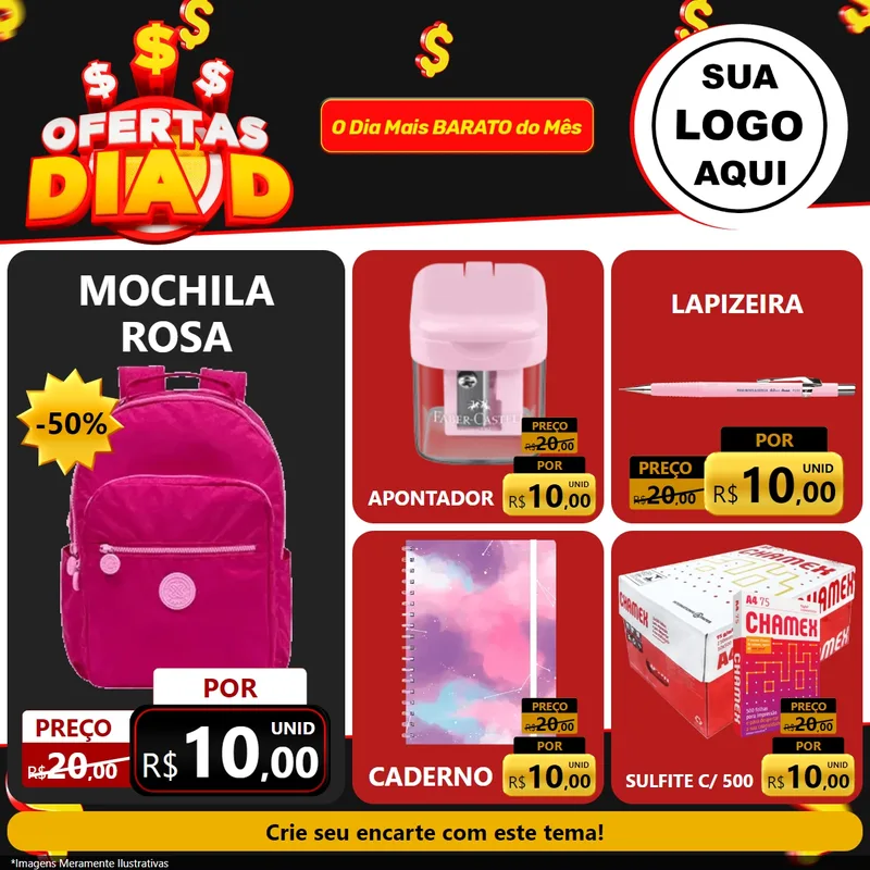 Modelo de Rede Social para Feed Facebook com o tema Ofertas Dia D para Papelaria