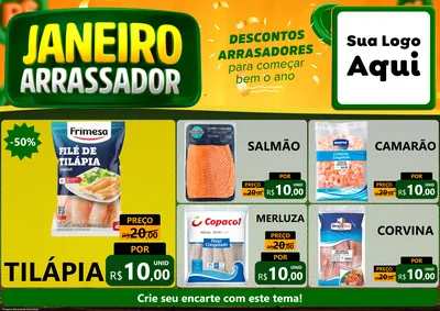 Modelo de Encarte para Encarte A4 Horizontal com o tema Janeiro Arrasador para Peixaria