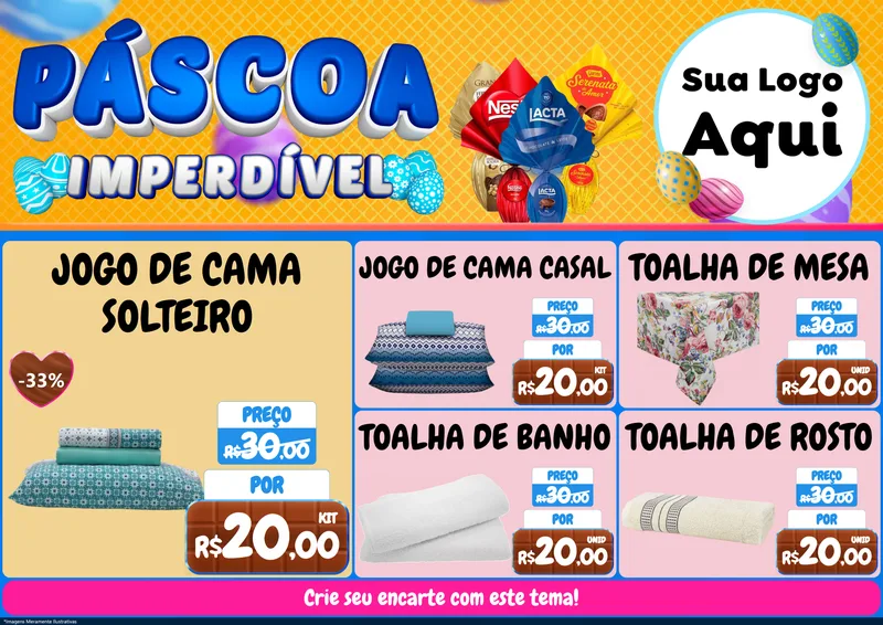 Modelo de Encarte para Encarte A4 Horizontal com o tema Páscoa Imperdível para Cama, Mesa e Banho