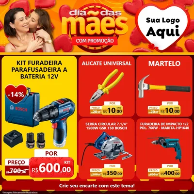 Modelo de Rede Social para Feed Facebook com o tema Dia das Mães com Promoção para Maquinas e Ferramentas