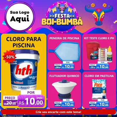 Modelo de Rede Social para Feed Facebook com o tema Festa Boi-Bumbá para Produtos para Piscina