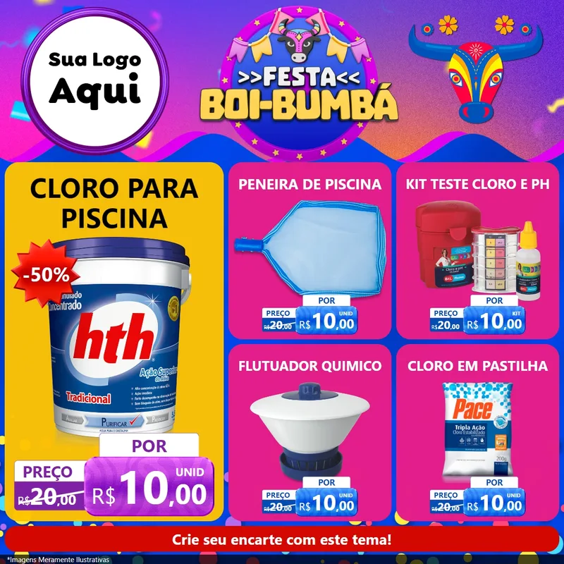 Modelo de Rede Social para Feed Facebook com o tema Festa Boi-Bumbá para Produtos para Piscina