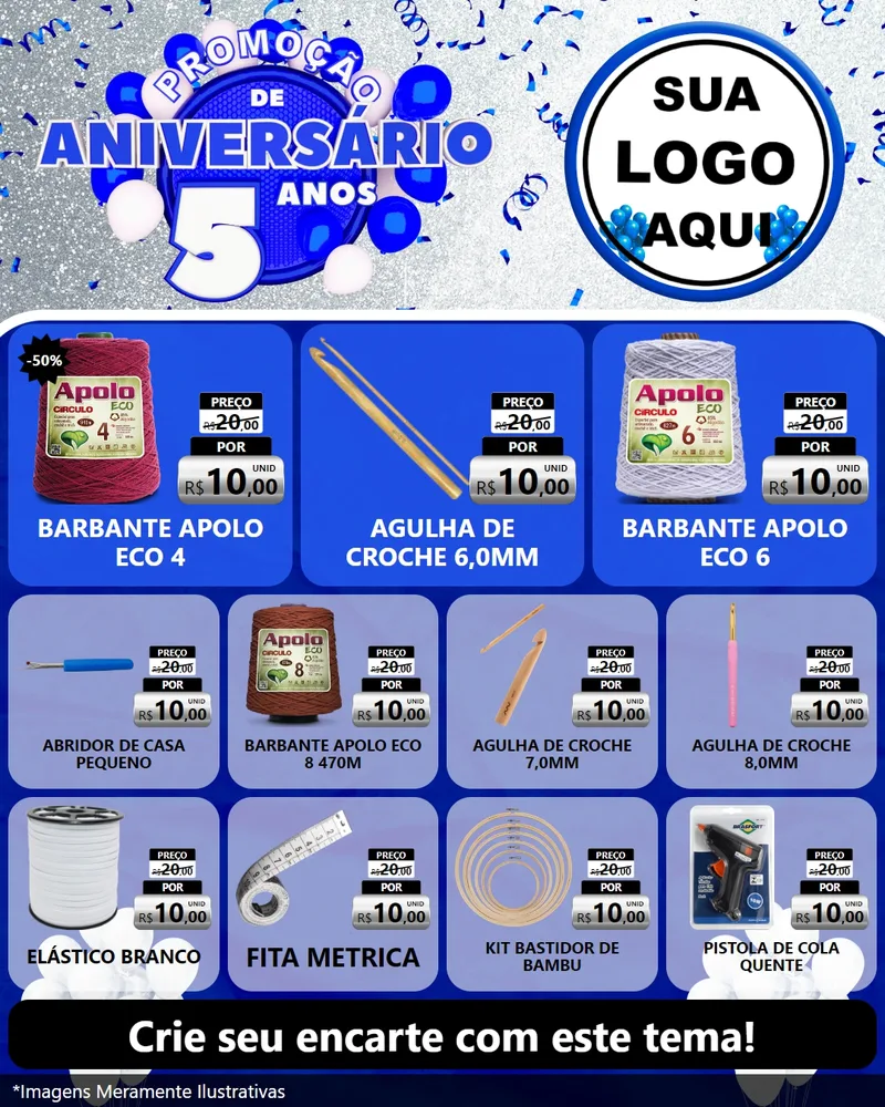 Modelo de Rede Social para Feed Instagram com o tema Promoção de Aniversário - 5 Anos para Armarinho e Aviamentos