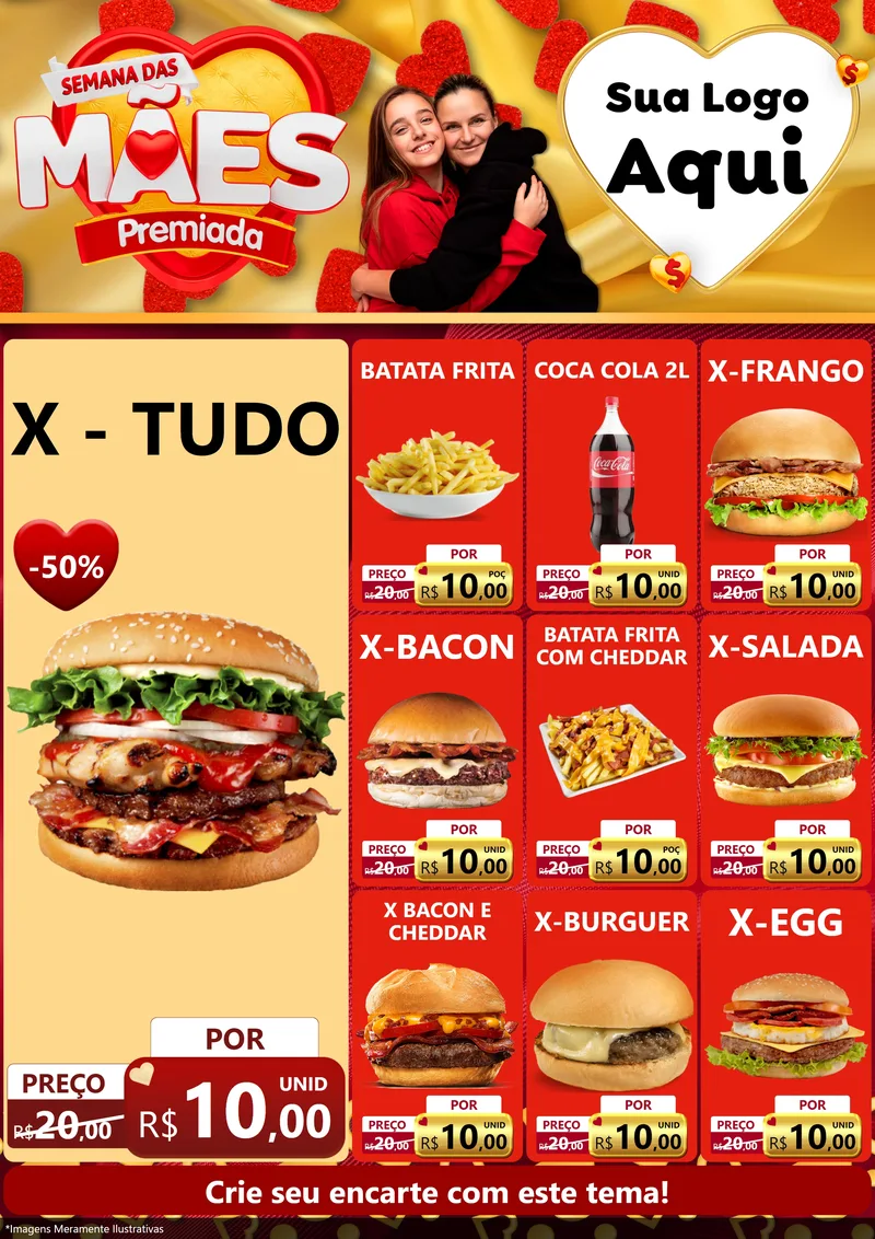 Modelo de Encarte para Encarte A4 Vertical com o tema Semana das Mães Premiada para Hamburgueria
