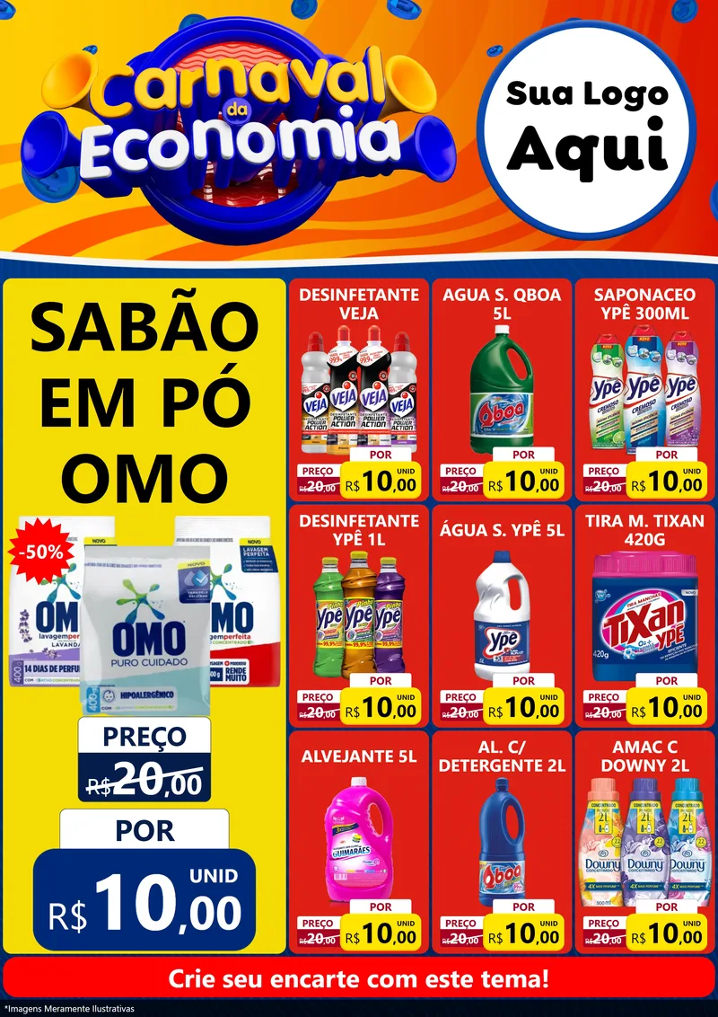 Modelo de Encarte para Encarte A4 Vertical com o tema Carnaval da Economia para Produtos de Limpeza