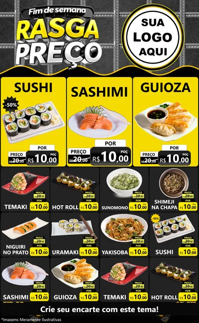 Modelo de Encarte para Encarte Grande com o tema Fim de Semana Rasga Preço para Comida japonesa