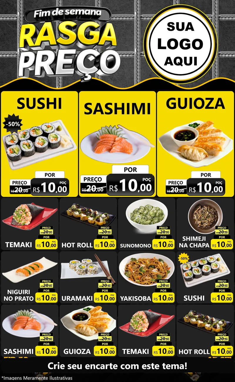 Modelo de Encarte para Encarte Grande com o tema Fim de Semana Rasga Preço para Comida japonesa