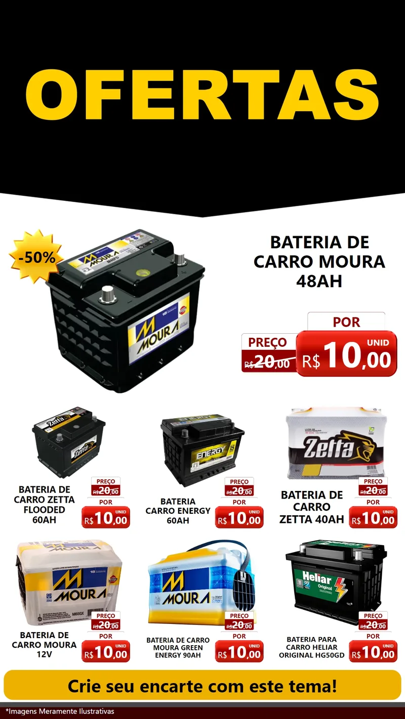 Modelo de Rede Social para Stories com o tema Ofertas Preto e Vermelho Cartaz para Baterias Elétricas