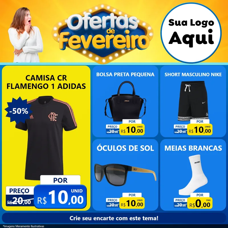 Modelo de Rede Social para Feed Facebook com o tema Ofertas de Fevereiro para Roupas e acessórios
