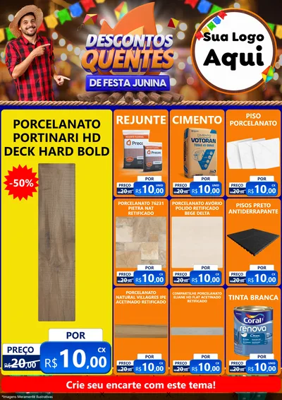 Modelo de Encarte para Encarte A4 Vertical com o tema Descontos Quentes de Festa Junina para Pisos e revestimentos