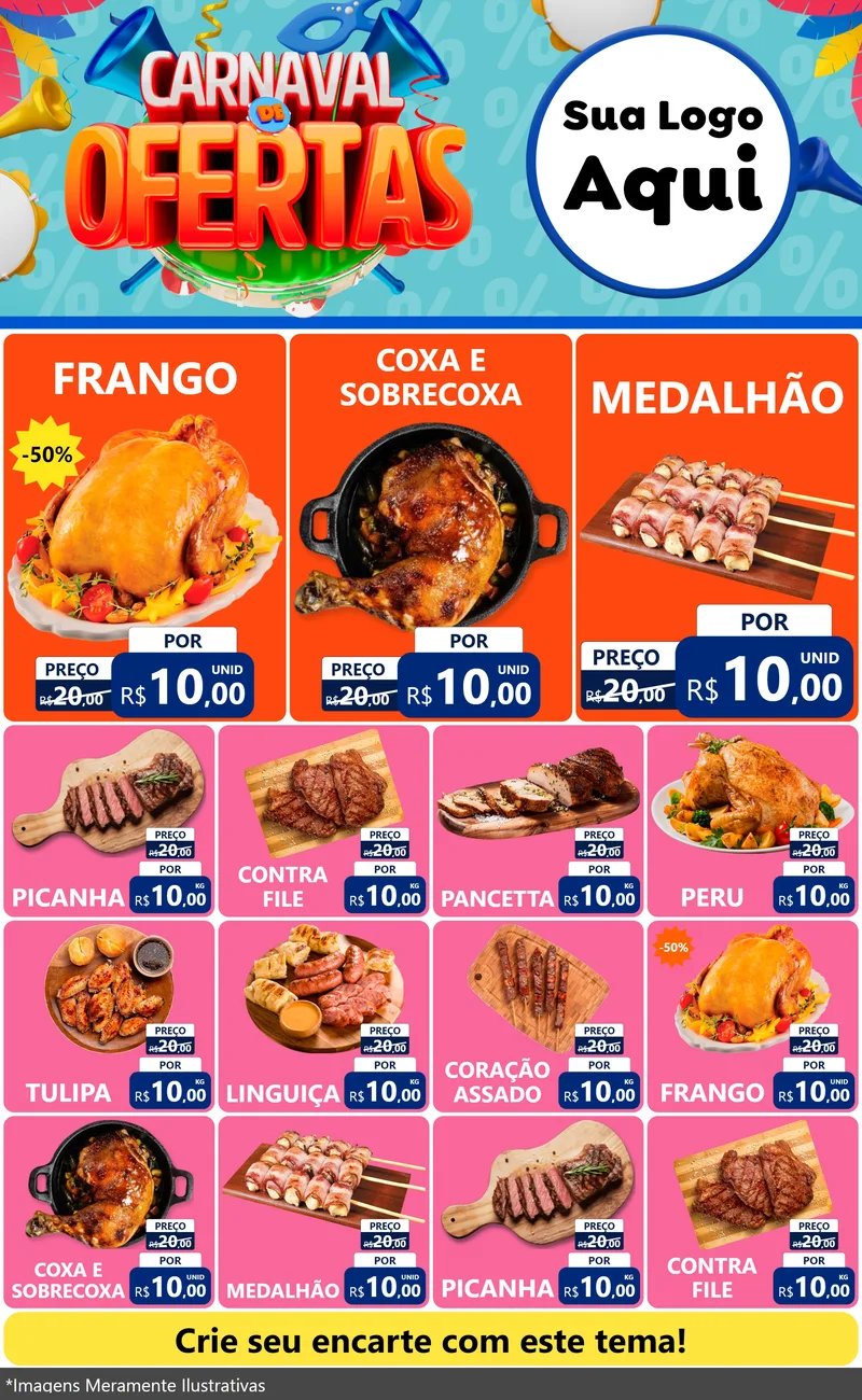 Modelo de Encarte para Encarte Grande com o tema Carnaval de Ofertas para Assados