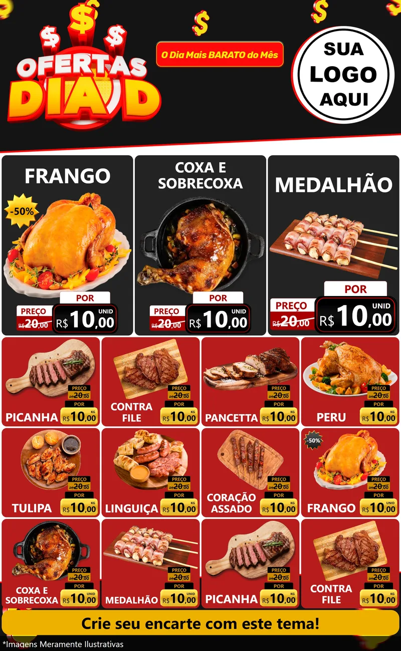 Modelo de Encarte para Encarte Grande com o tema Ofertas Dia D para Assados