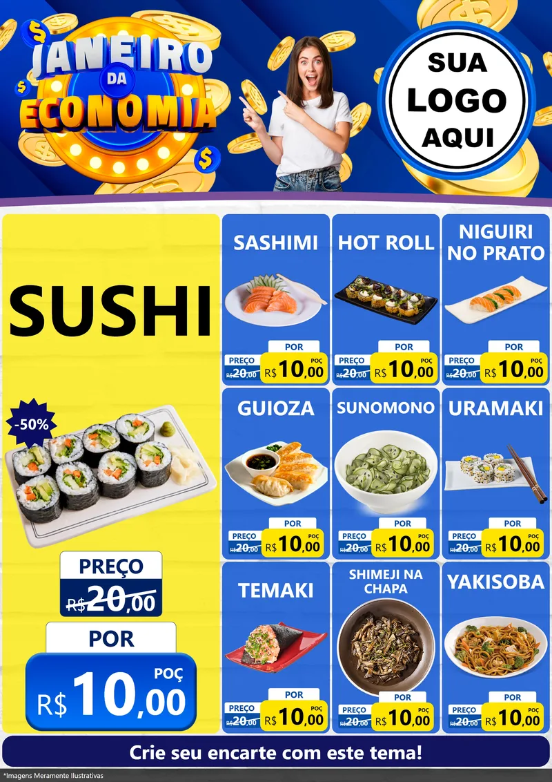 Modelo de Encarte para Encarte A4 Vertical com o tema Janeiro da Economia para Comida japonesa