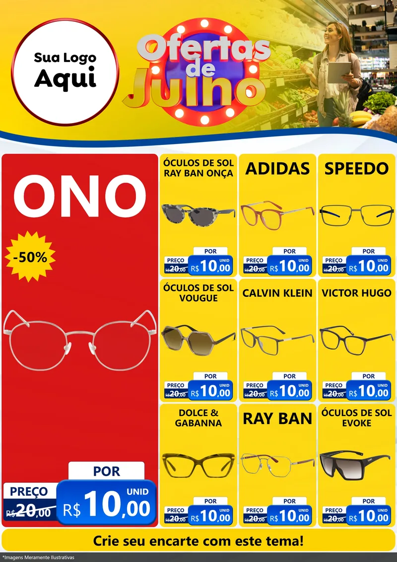 Modelo de Encarte para Encarte A4 Vertical com o tema Ofertas de Julho para Óticas