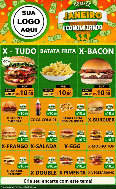 Modelo de Encarte para Encarte Grande com o tema Comece Janeiro Economizando para Hamburgueria