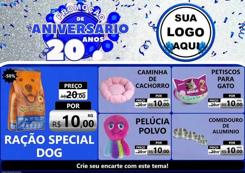 Modelo de Encarte para Encarte A4 Horizontal com o tema Promoção de Aniversário - 20 Anos para Pet Shop