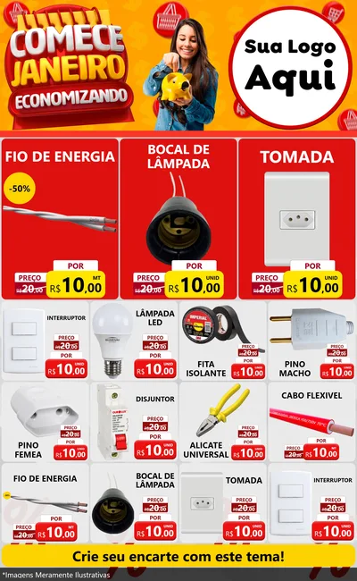 Modelo de Encarte para Encarte Grande com o tema Comece Janeiro Economizando para Materiais Elétricos