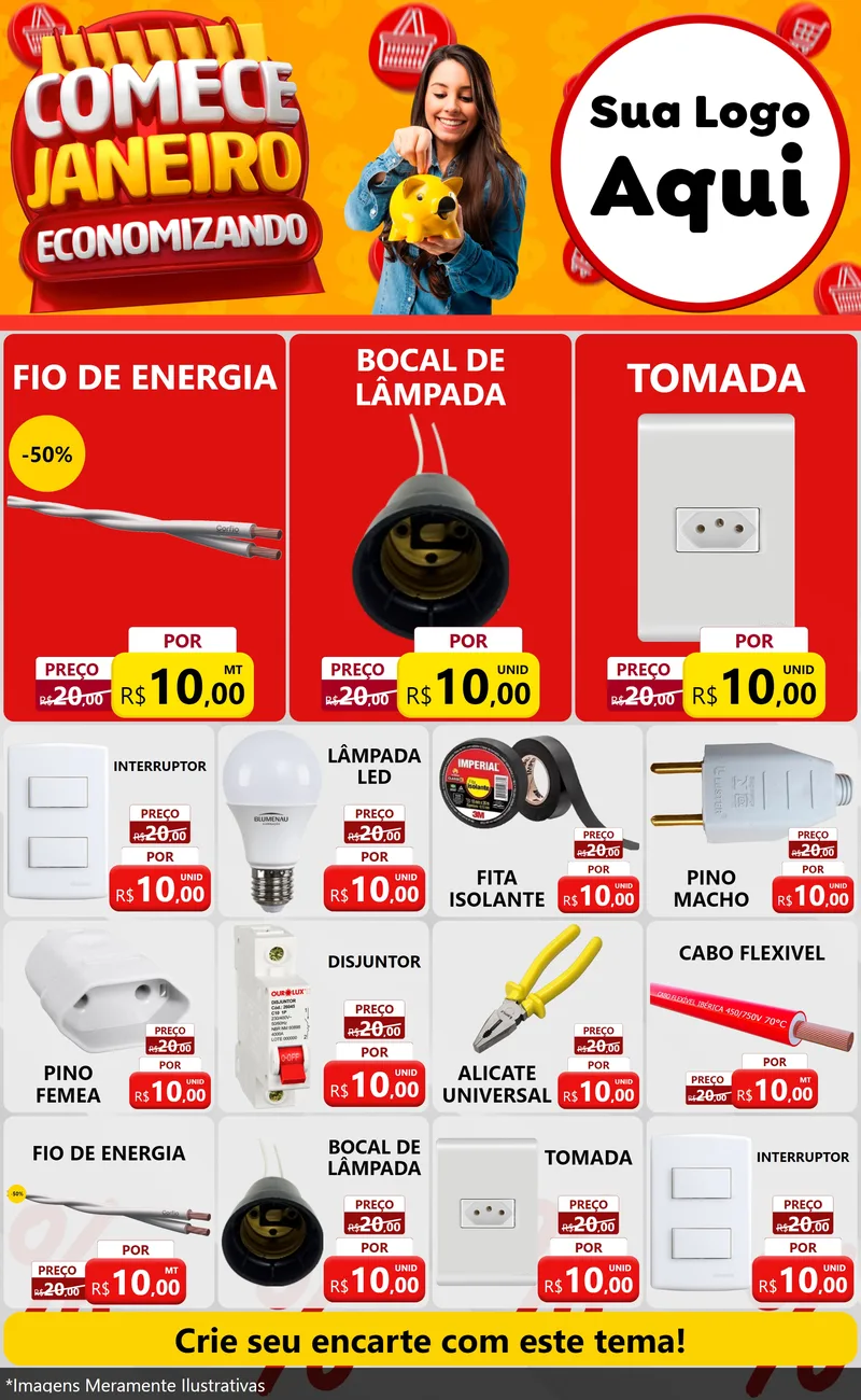 Modelo de Encarte para Encarte Grande com o tema Comece Janeiro Economizando para Materiais Elétricos