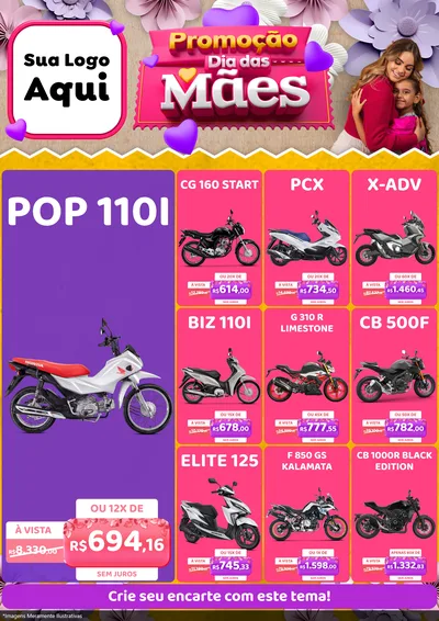 Modelo de Encarte para Encarte A4 Vertical com o tema Promoção Dia das Mães para Concessionaria de Motos