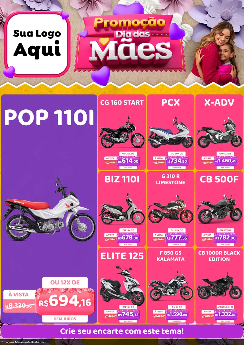 Modelo de Encarte para Encarte A4 Vertical com o tema Promoção Dia das Mães para Concessionaria de Motos