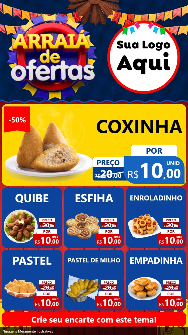 Modelo de Rede Social para Stories com o tema Arraiá de Ofertas para Salgadaria
